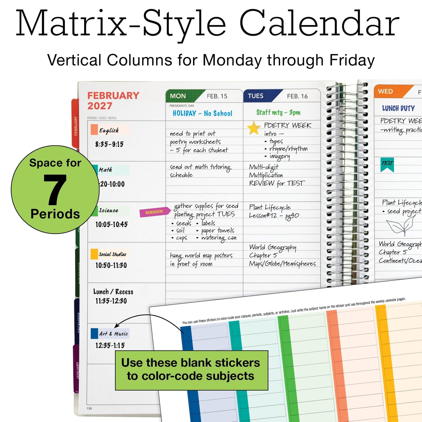 DELUXE TEACHER PLANNER Aug 2026-Jul 2027 8.5x11 Daily Weekly Monthly Organizers with 7 Periods, Pocket Folder, Dated Calendar, Page Tabs, Bookmark and Planning Stickers (Black Tree Seasons)