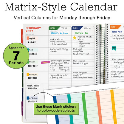 DELUXE TEACHER PLANNER Aug 2026-Jul 2027 8.5x11 Daily Weekly Monthly Organizers with 7 Periods, Pocket Folder, Dated Calendar, Page Tabs, Bookmark and Planning Stickers (Black Tree Seasons)