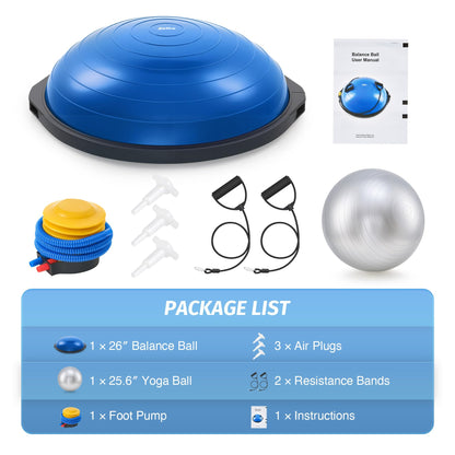 ZELUS 25in. Balance Ball | 600lb Inflatable Half Exercise Ball Wobble Board Balance Trainer w Nonslip Base | Half Yoga Ball Strength Training Equipment w 2 Bands, Pump, Extra Ball Included (Blue)