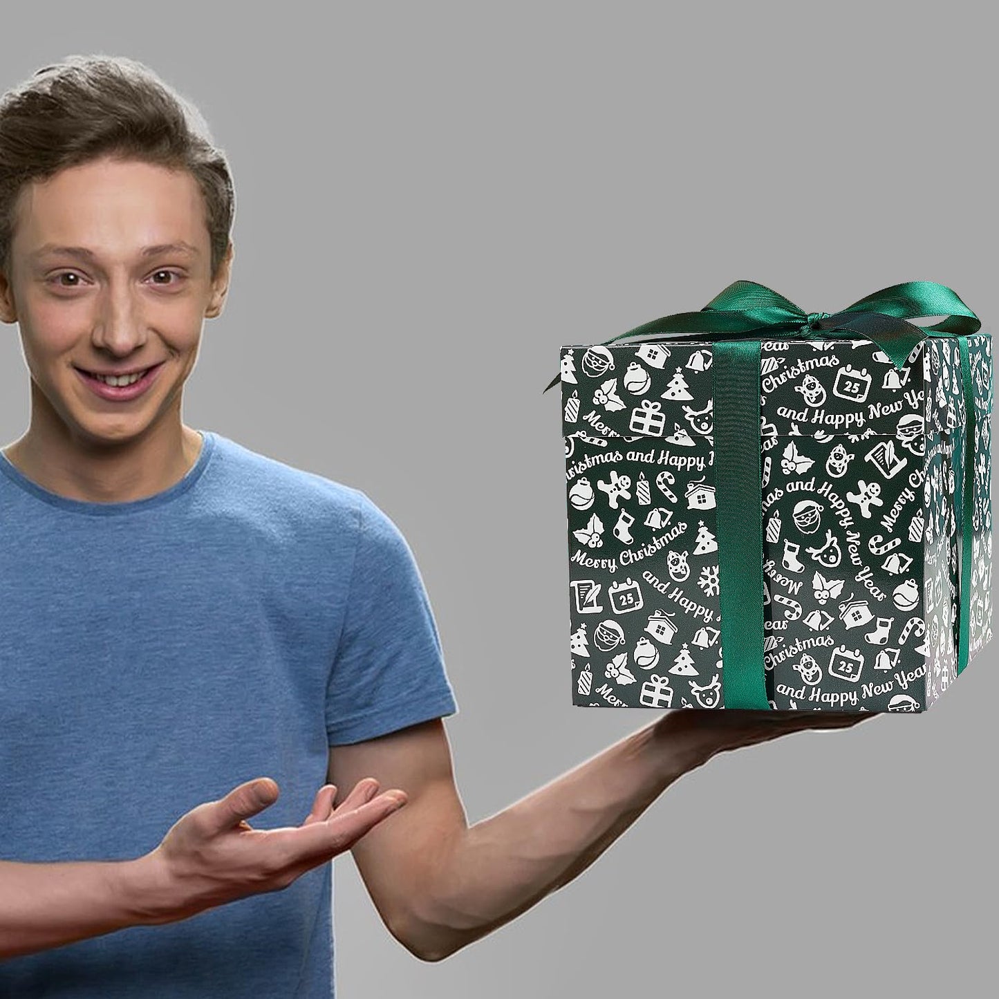 Jaywayang 5 Pack Green Christmas Gift Boxes with Lids, Ribbons and Tissue Papers Square Gift Boxes - 7.1 Inch - Presents Wrapping Christmas Gift Holiday New Year Party Favor Boxes.