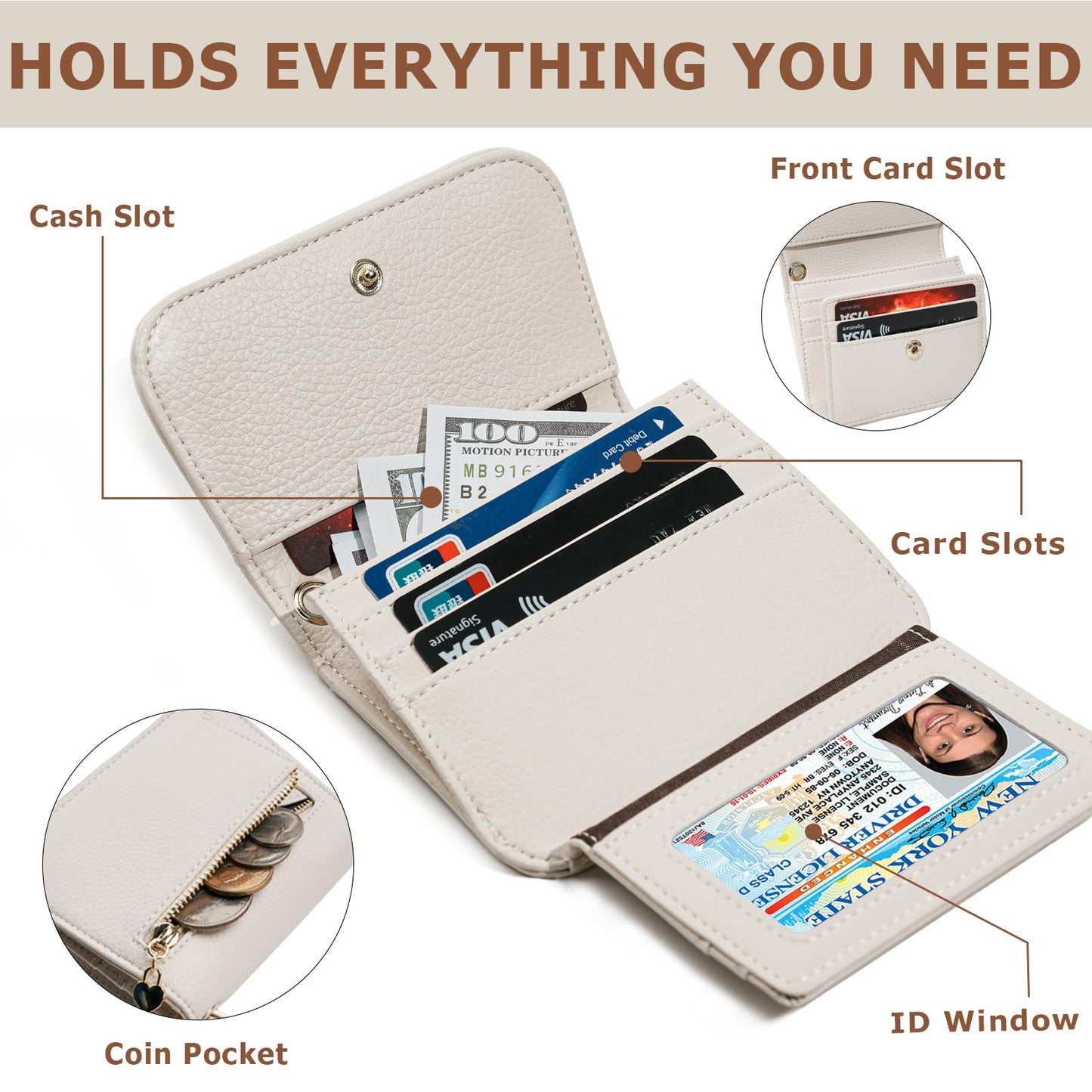 Sunpour Women Small Wallet RFID Blocking Slim Wallet with Coin Pocket Tri-Fold Credit Card Holder with ID Window and Keychain(Beige)