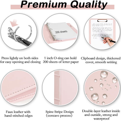 Etzul Hardcover 3 Ring 1 inch Leather Binder, Letter Size Binder Dividers with Tabs, PVC Zipper Pouch, Professional Organizer, Faux Rose Pink Leather