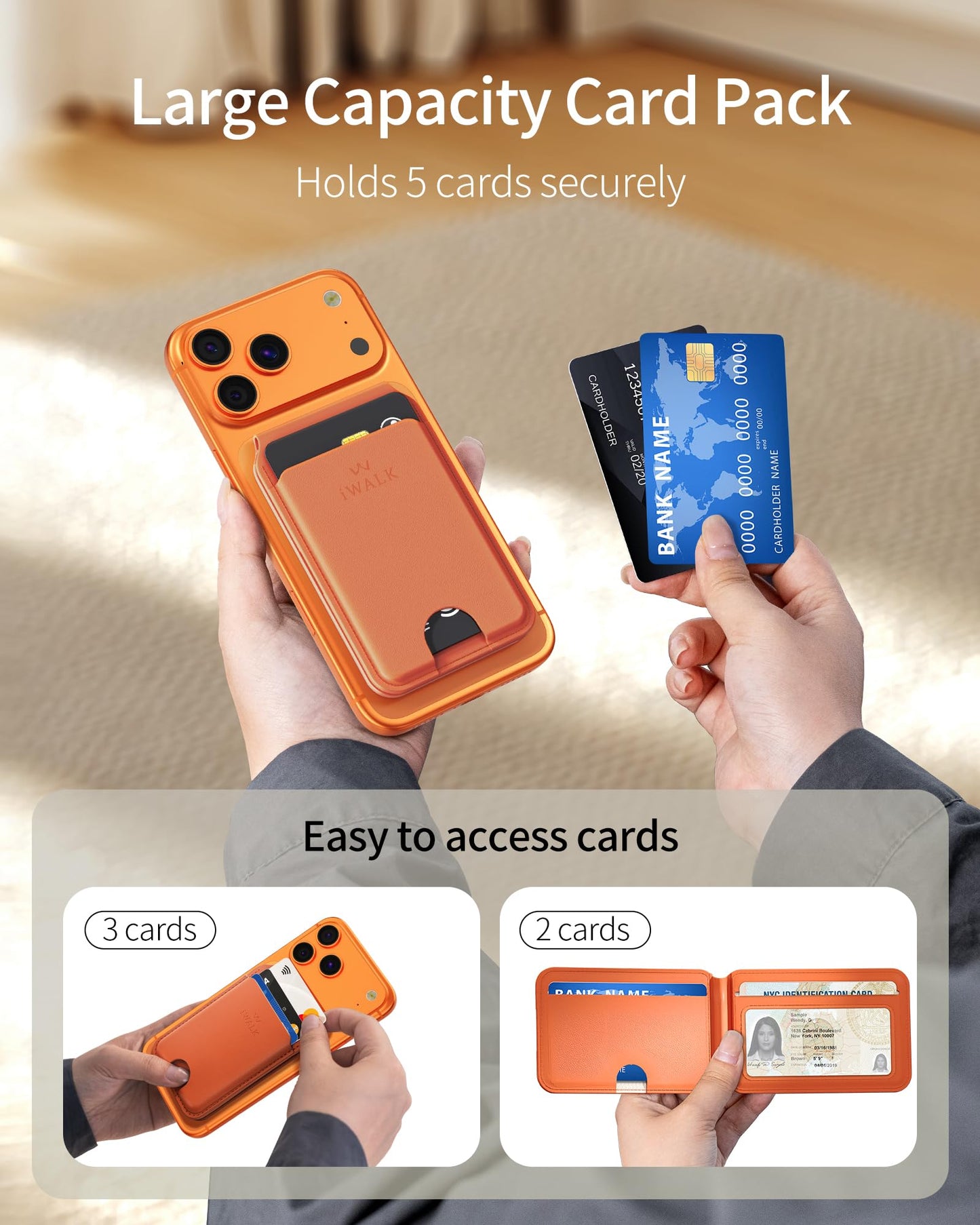 iWALK Stronger Magnetic Wallet, Upgraded for MagSafe Wallet, RFID Blocking, 5 Card Holder with Adjustable Stand, Slim Leather Phone Wallets for iPhone 17/16/15/14/13/12 Series, iPhone Wallets Orange