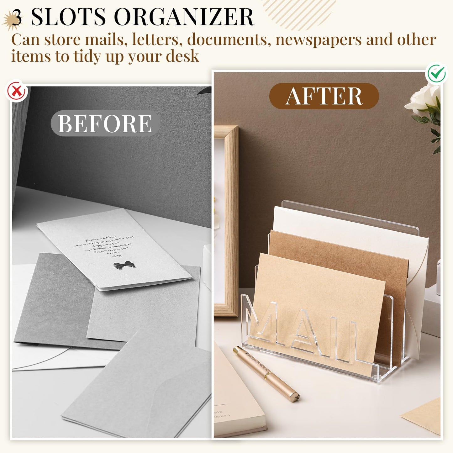 Vercraft Acrylic Mail Holder Countertop, 3-Slot Clear Mail Organizer with Cutout Lettering Design, Desktop Letter Sorter for Office Home Desk, Envelope File Document Storage