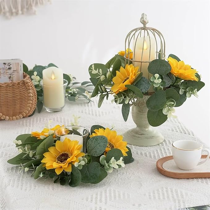 2 Pcs Artificial Sunflower Candle Rings, Fake Sunflower Candle Wreaths Ring Artificial Yellow Flower Leaves Wreath Fake Floral Candles Rings for Wedding Party Decorations