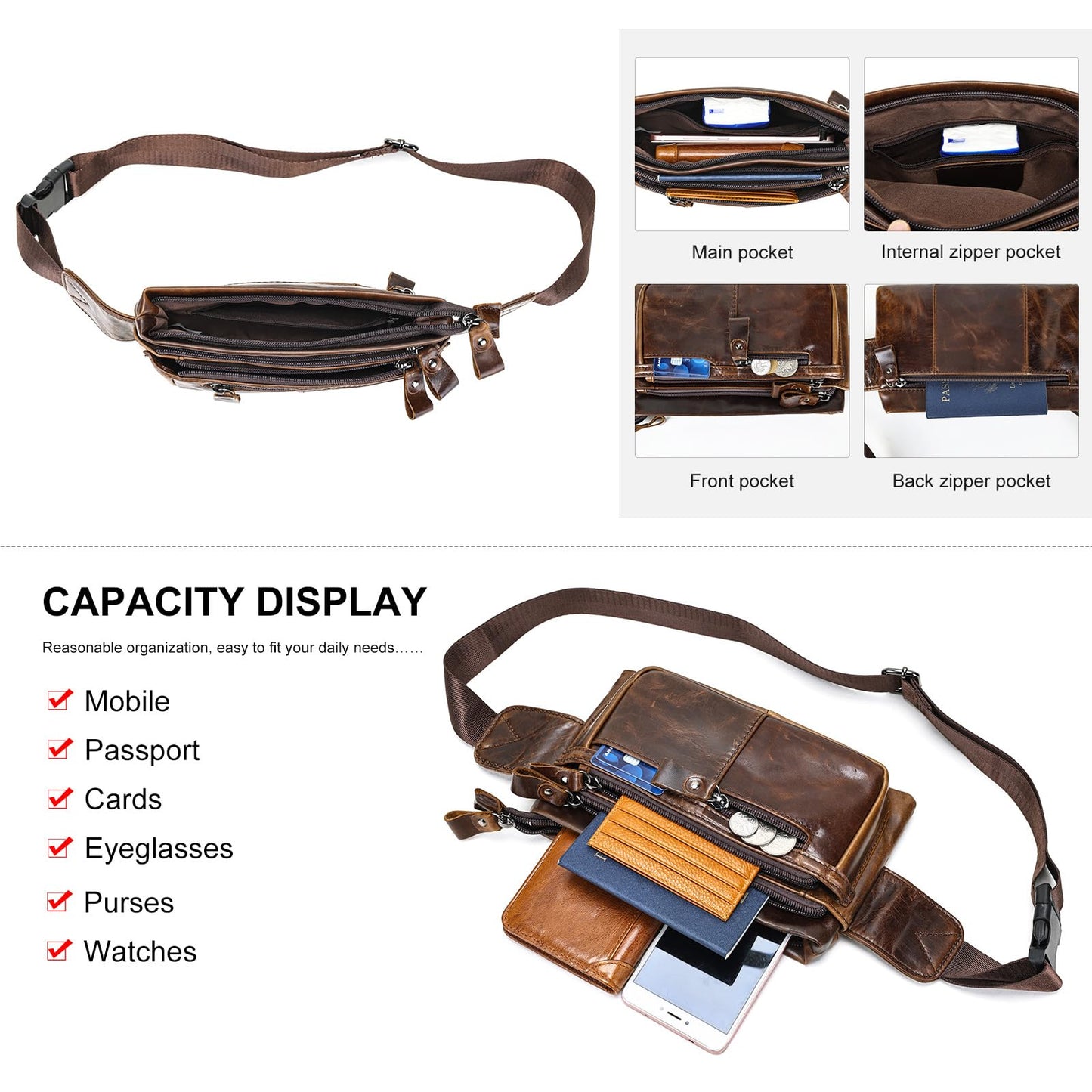Genuine Leather Fanny Pack Crossbody sling bags zipper Waist Purse Oilcoffee