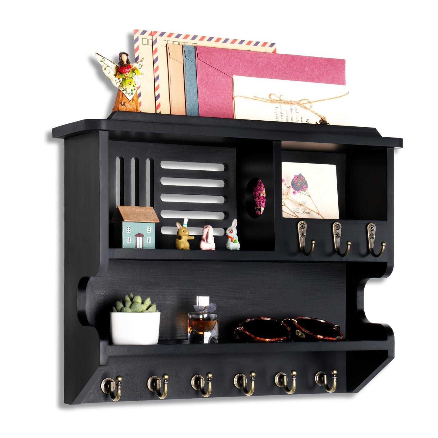 Mutsault Key Holder for Wall, Mail and Key Holder for Home Decor, Key and Mail Holder for Wall with Key Hooks, Black