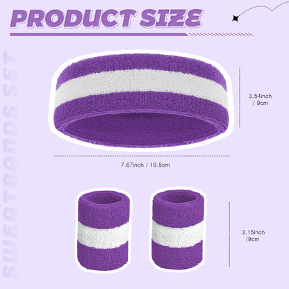 Bememo 6 Pcs Neon Sweatbands Set for Men Women 80s Tennis Striped Headband Sports Wristband Set Costumes Glow Cosplay Party(Purple and White)