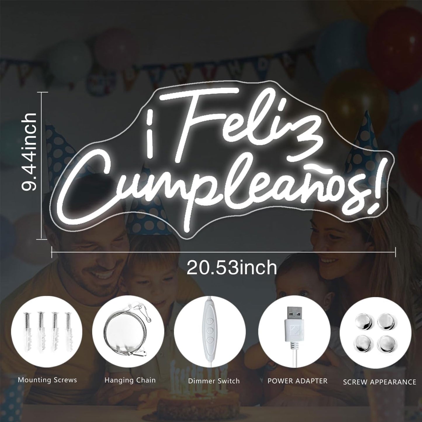 Happy Birthday Banner ¡Feliz Cumpleaños LED Neon Sign Larger for Wall Decor with USB Chain Light Modulator Reusable Custom Led Sign Art Decorations Bar Wedding Home 20.53"x9.44"