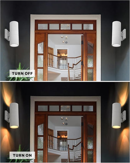 Ken & Ricky White Outdoor Wall Lights,Exterior Sconces Wall Lighting with Tempered Glass Cover,Cylinder Outside Light for House Porch Garage Front Door - 2 Pack