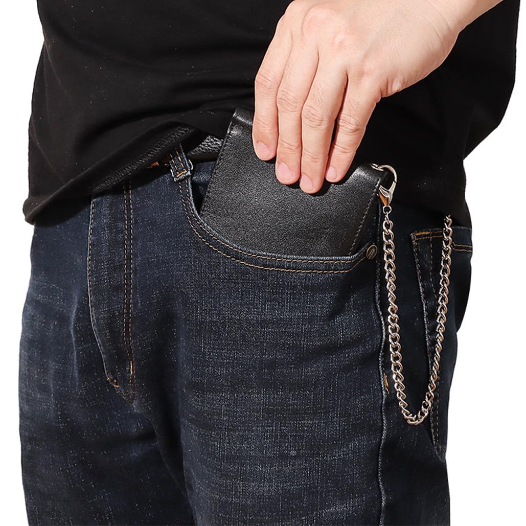 Genuine Leather Card Holder Wallet with Chain Accessory for Men, Women RFID Blocking 13 Card Slots 2 ID Windows 2 Bill Compartments Short Bi-Fold Wallet Gift (Black)
