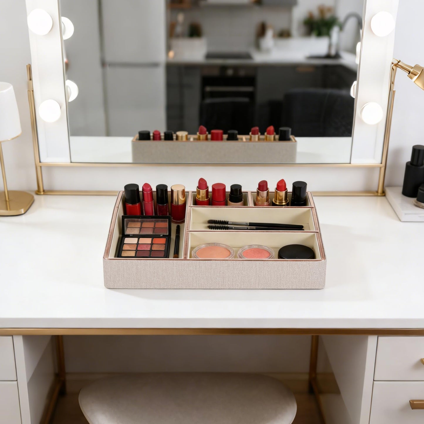 PU Leather Makeup Organizer Tray,Large Vanity Organizer,Cosmetic Storage Box for Lipstick Brushes Skincare Perfume,Cosmetic Display Case Rose Gold-trimmed for Dresser,Bathroom Countertop(Beige)