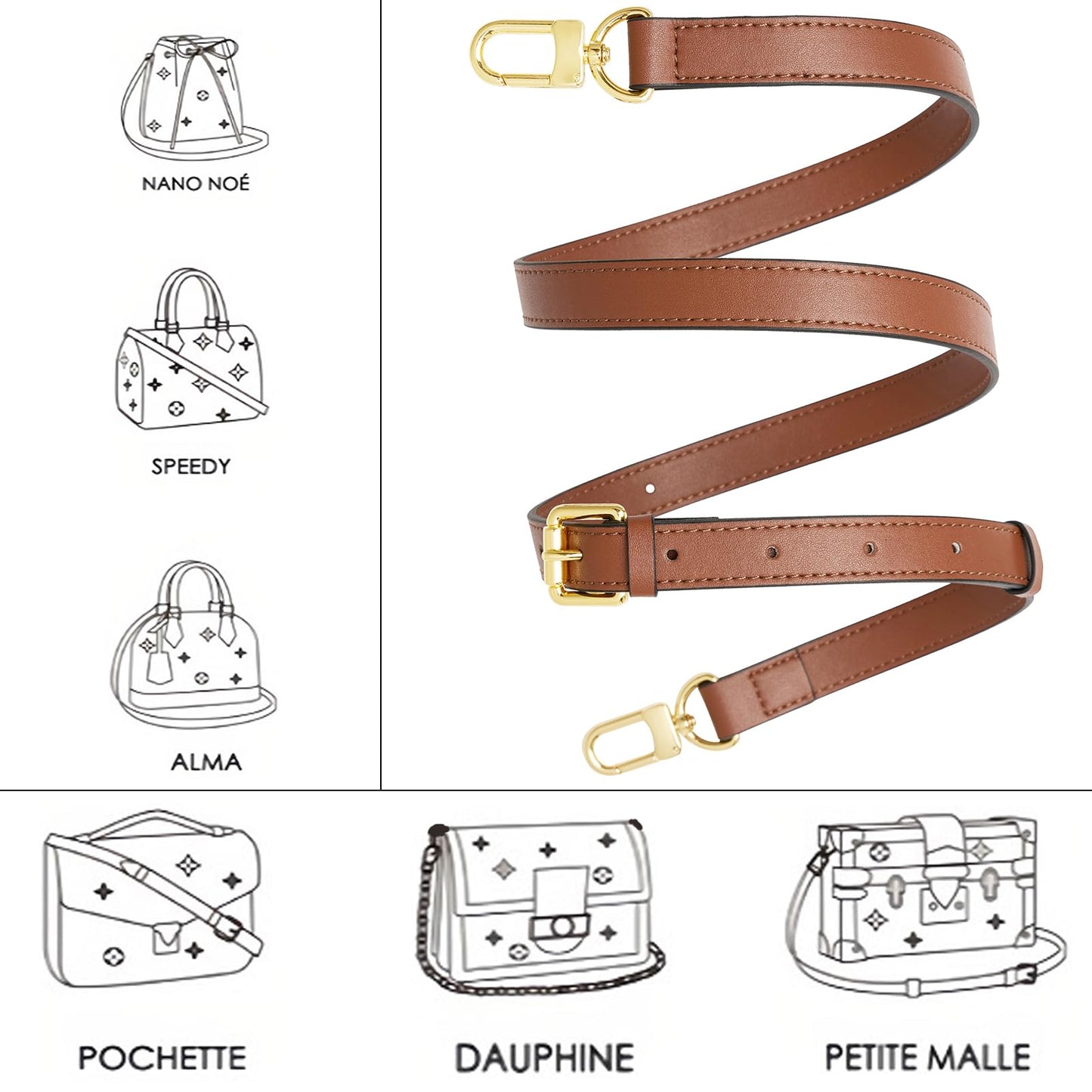 YAZHIMI Vachetta Leather Purse Strap Genuine Leather Adjustable Replacement Strap for Shoulder Bag Handbag Purse (Brown-Leather Crossbody Strap)