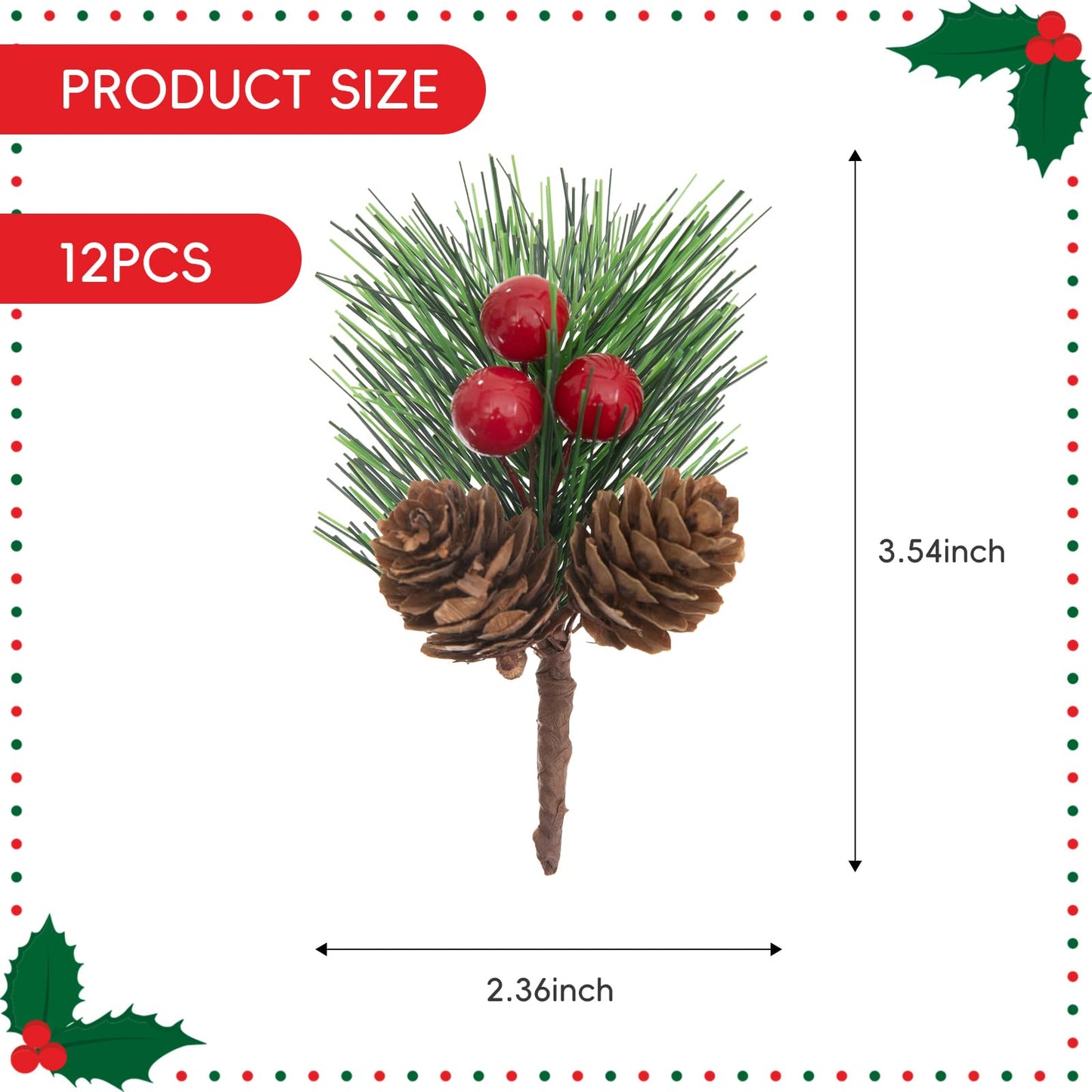 12pcs Christmas Floral Picks, Artificial Pine Pick Christmas Pinecone Berry Pick Stems Pine Tree Needles Branches Decoration for Xmas Tree DIY Craft Flower Arrangements Wreaths Party Supply