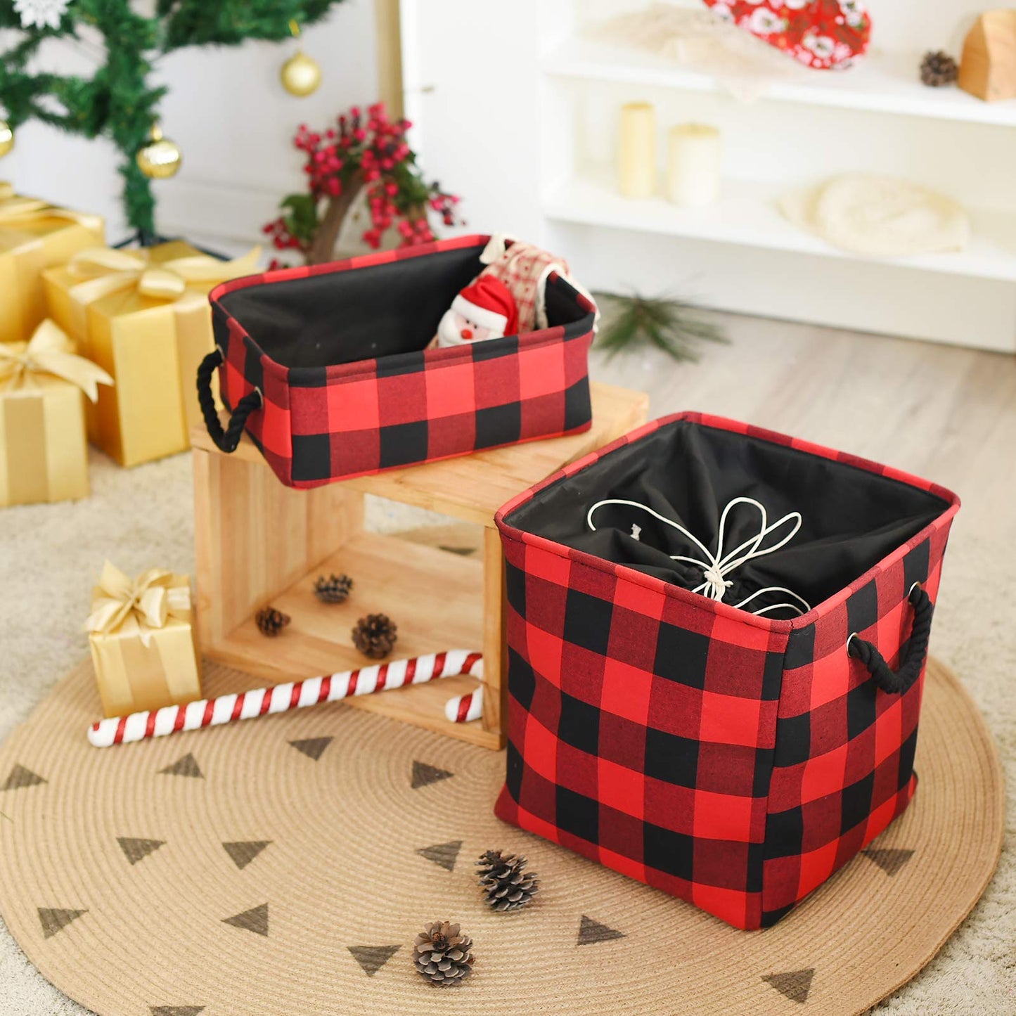 INough Red Christmas Baskets for Gifts Empty Red Gift Bag, Holiday Gift Baskets Empty Low Basket Buffalo Plaid Toy Bins Ornaments Storage Organizer for Baby Room, Kids Nursery, Home Holiday Decor