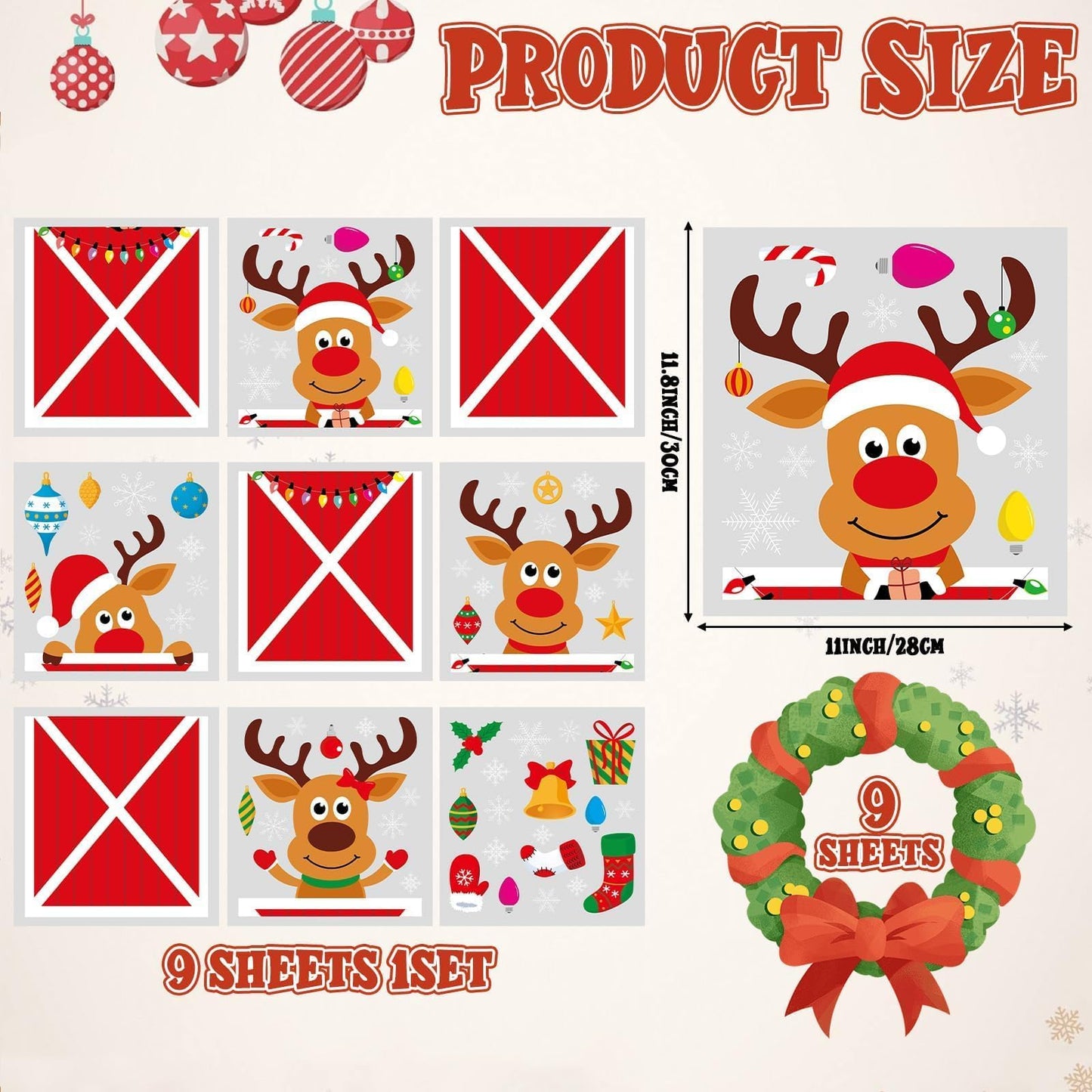 Christmas Deer Large Size Window Clings Decorations Reindeer Stable Window Decal Christmas Elk Winter Snowflake Reusable DIY Static Wall Door Sticker for Xmas Holiday Party Home Classroom Office Decor