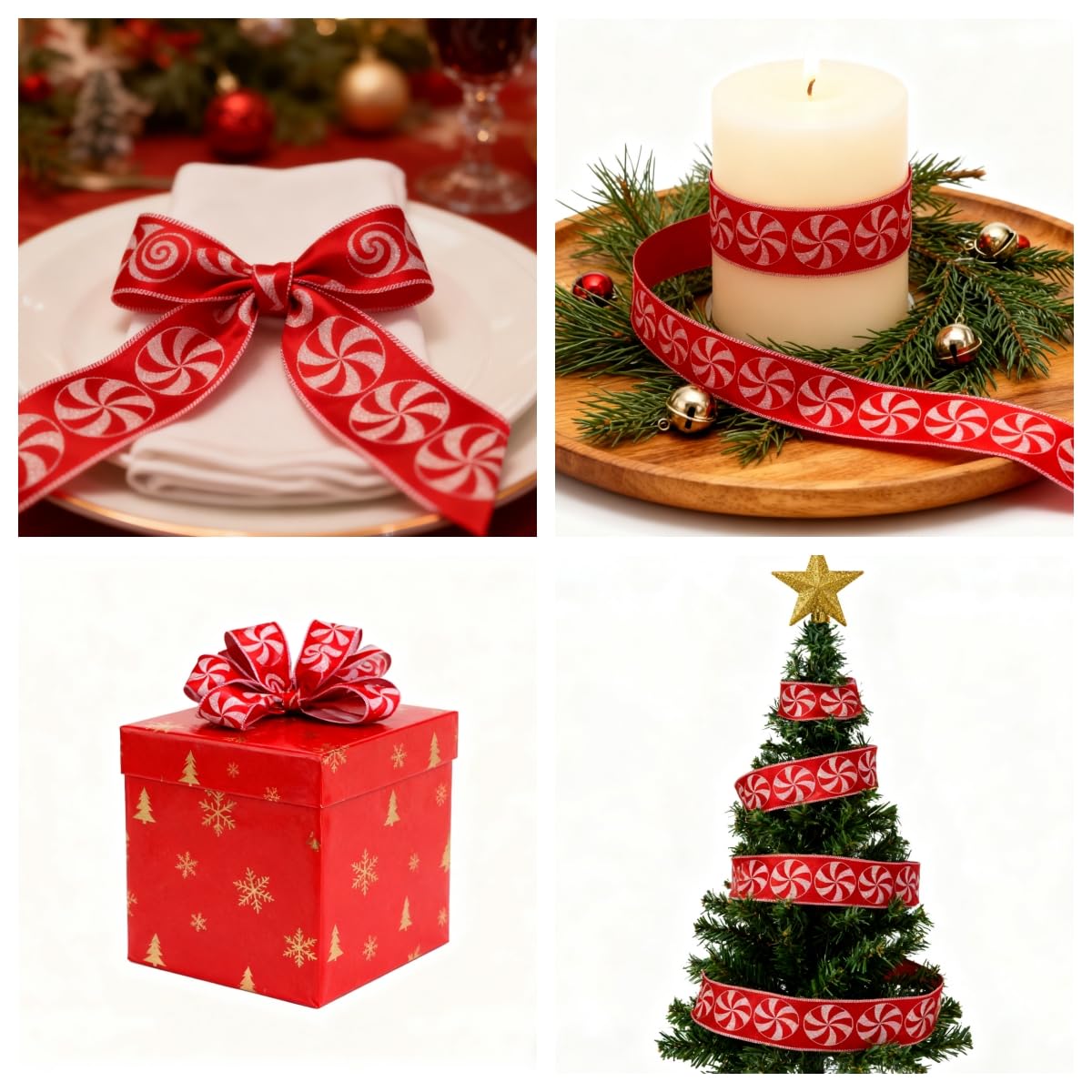 Meseey Red Green Christmas Tree Wired Ribbon 2.5 Inch x Total 30 Yards Red White Candy Cane Gift Wrapping Ribbons for Xmas Tree Wreath Bows DIY Craft Decoration