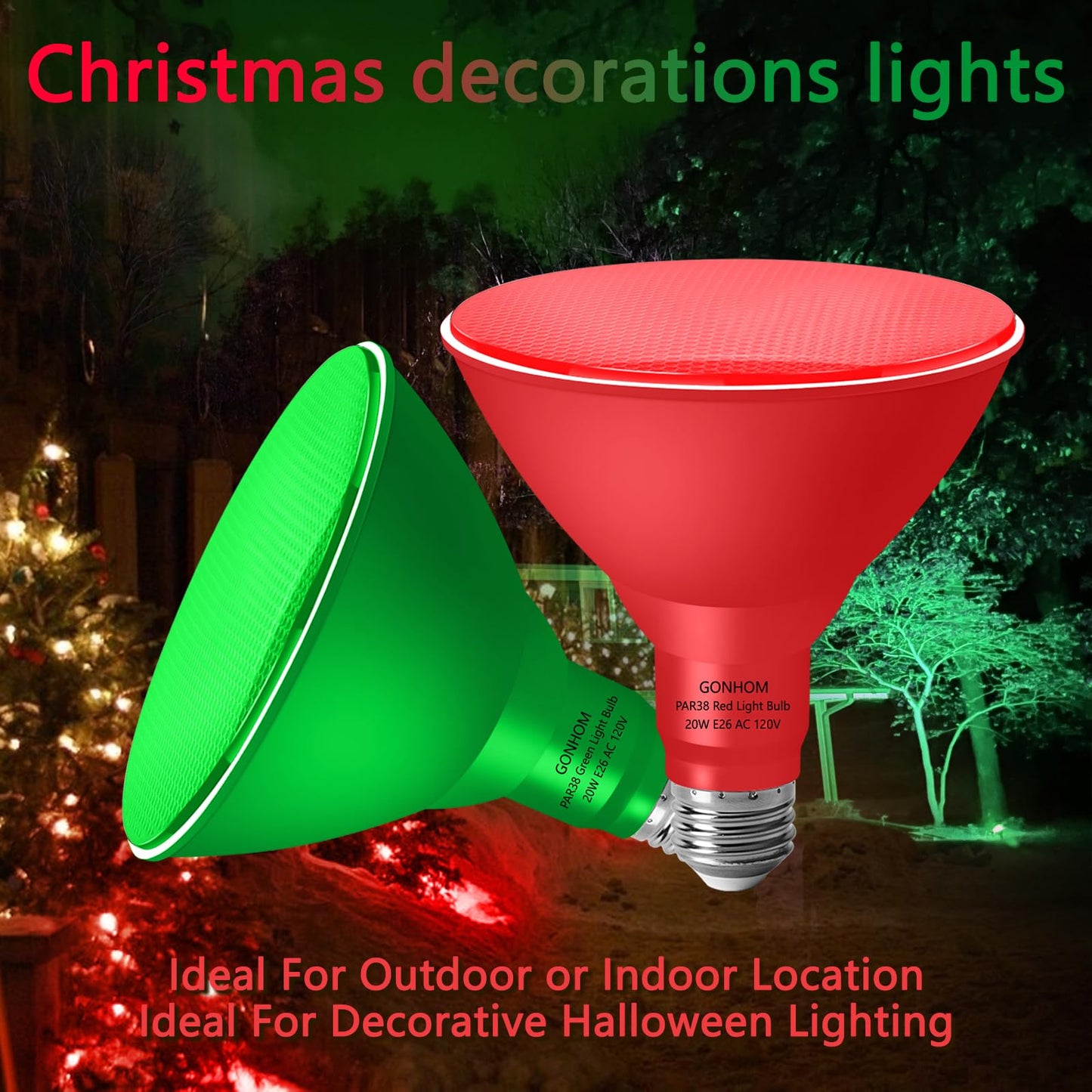 Gonhom PAR38 Flood Lights Outdoor,Dimmable LED Flood Light Bulbs,20W(Equivalent to 200W),E26 Base,Outdoor Porch,Holiday Lighting,LED Flood Light Bulb for Halloween,Christmas,4 Pack Red Green