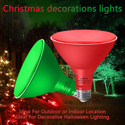 Gonhom PAR38 Flood Lights Outdoor,Dimmable LED Flood Light Bulbs,20W(Equivalent to 200W),E26 Base,Outdoor Porch,Holiday Lighting,LED Flood Light Bulb for Halloween,Christmas,4 Pack Red Green