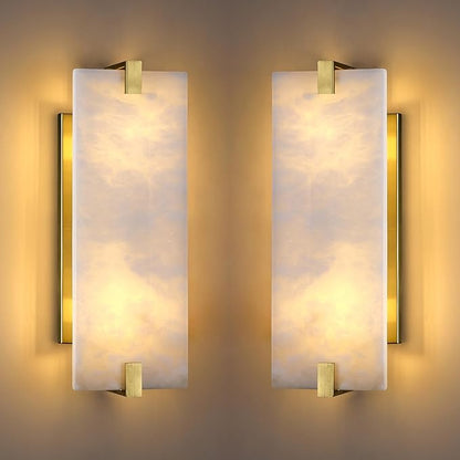 2 Pack 2 Light Square 14.7" Alabaster Marble Bathroom Wall Sconce Modern Concise Style Wall Light Fixture,Gold Finish for Bedroom Hallway Bedside