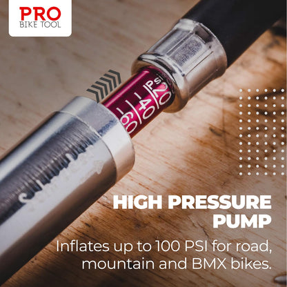 Pro-Bike Tool Mini Bike Pump with Gauge - Fits Presta & Schrader - Accurate Inflation - Mount Kit incl. - 100 PSI