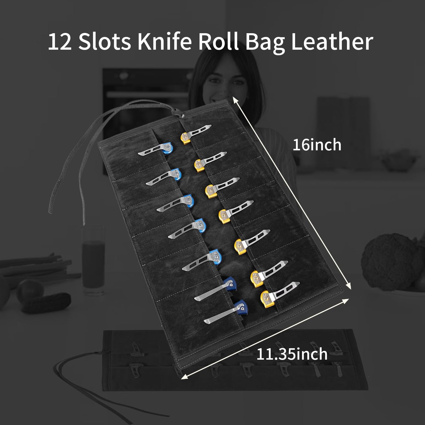 Baizoy Leather Knife Display Bag with 12 Slots Pocket Knives,Folding Knife Holder Organizer,Tactical Outdoor for EDC Mini Knife Bags, Leather Knife roll Collection Protector Bag (Black)