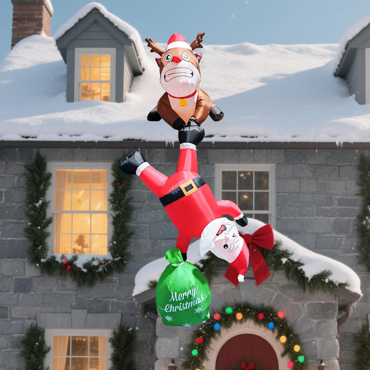 8FT Hanging Christmas Inflatable Outdoor Decoration,Christmas Inflatables Reindeer Pulling Climbing Santa and Falling Gift Box Bags with Build-in LED Lights for Holiday Party Roof Balcony Window