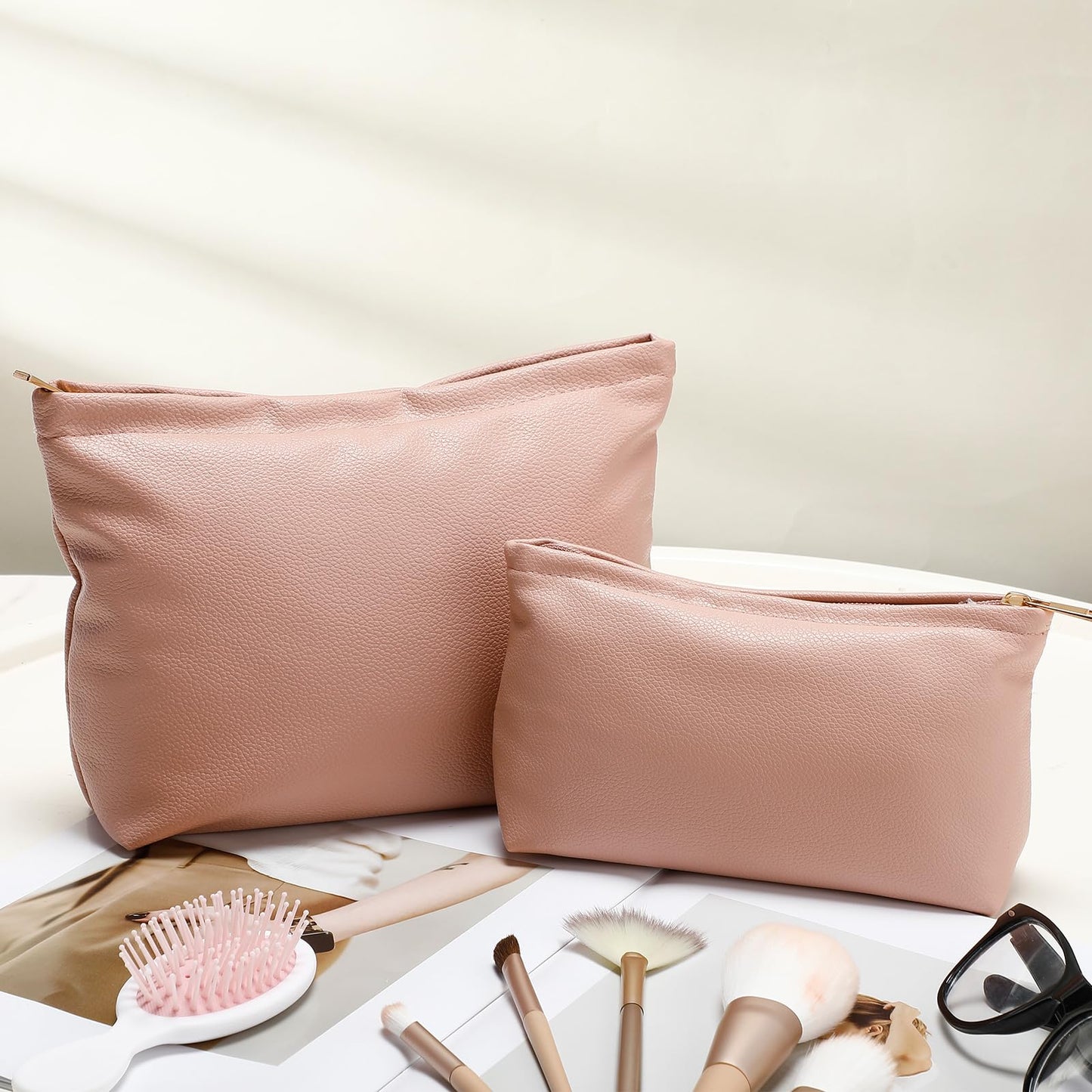 Kigeli 2 Pcs Small Makeup Bag Set for Purse PU Leather Cosmetic Bag Makeup Travel Toiletry Pouch Aesthetic Preppy Organizer Storage Pouch Gift for Teacher Mother Day Women(Pink)