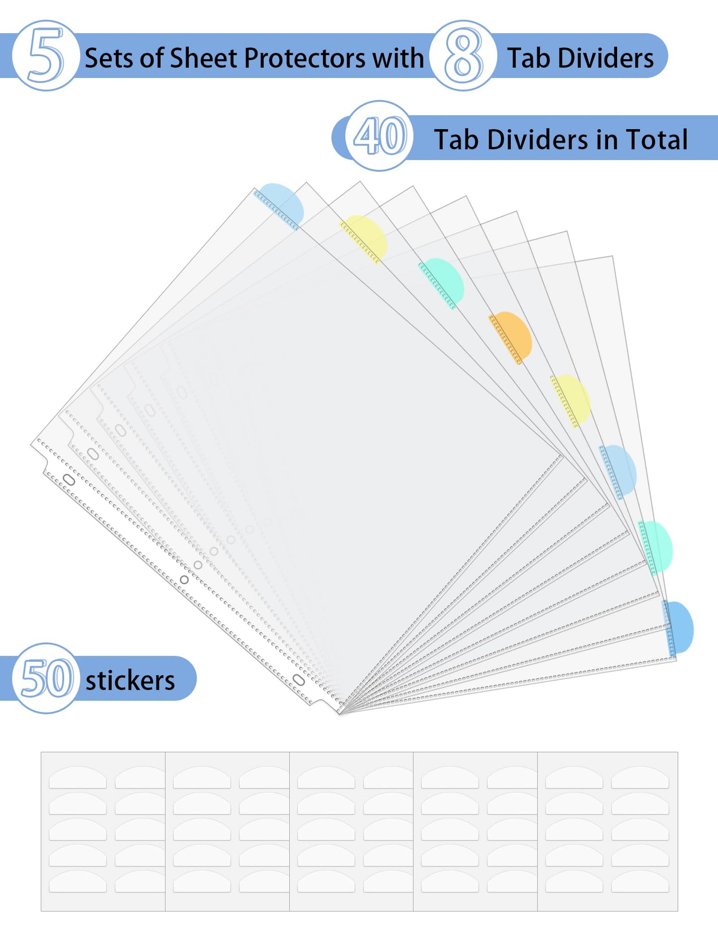 GAUENEEN 40 Pcs Clear Sheet Protectors with Tabs for 3 Ring Binder, Binder Dividers with 8 Tabs, Clear Plastic Notebook Page Dividers with Pockets, 5 Sets