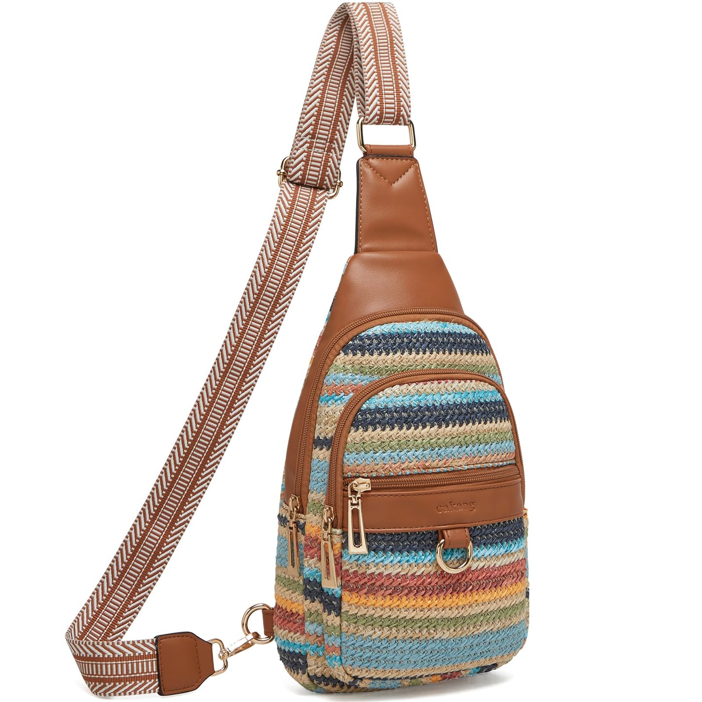 cakang 7L Straw Crossbody Bags for Women - Fashion Sling Chest Bag with Rainbow Woven Design, Lightweight Fanny Pack Travel Leather Shoulder Bag (Brown)