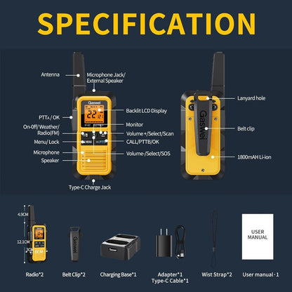 G2pro+ Waterproof Walkie Talkies - Long Range Heavy Duty Two-Way Radios | Rechargeable, FM Radio, SOS, NOAA Weather (2 Pack - Yellow)
