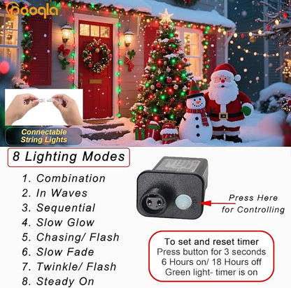 Red and Green Christmas String Lights, 66 ft 200 LED Christmas Lights Plug in, Indoor Outdoor Connectable 8 Modes Twinkle Fairy String Lights for Xmas Tree Wedding Bedroom Party, Clear Wire