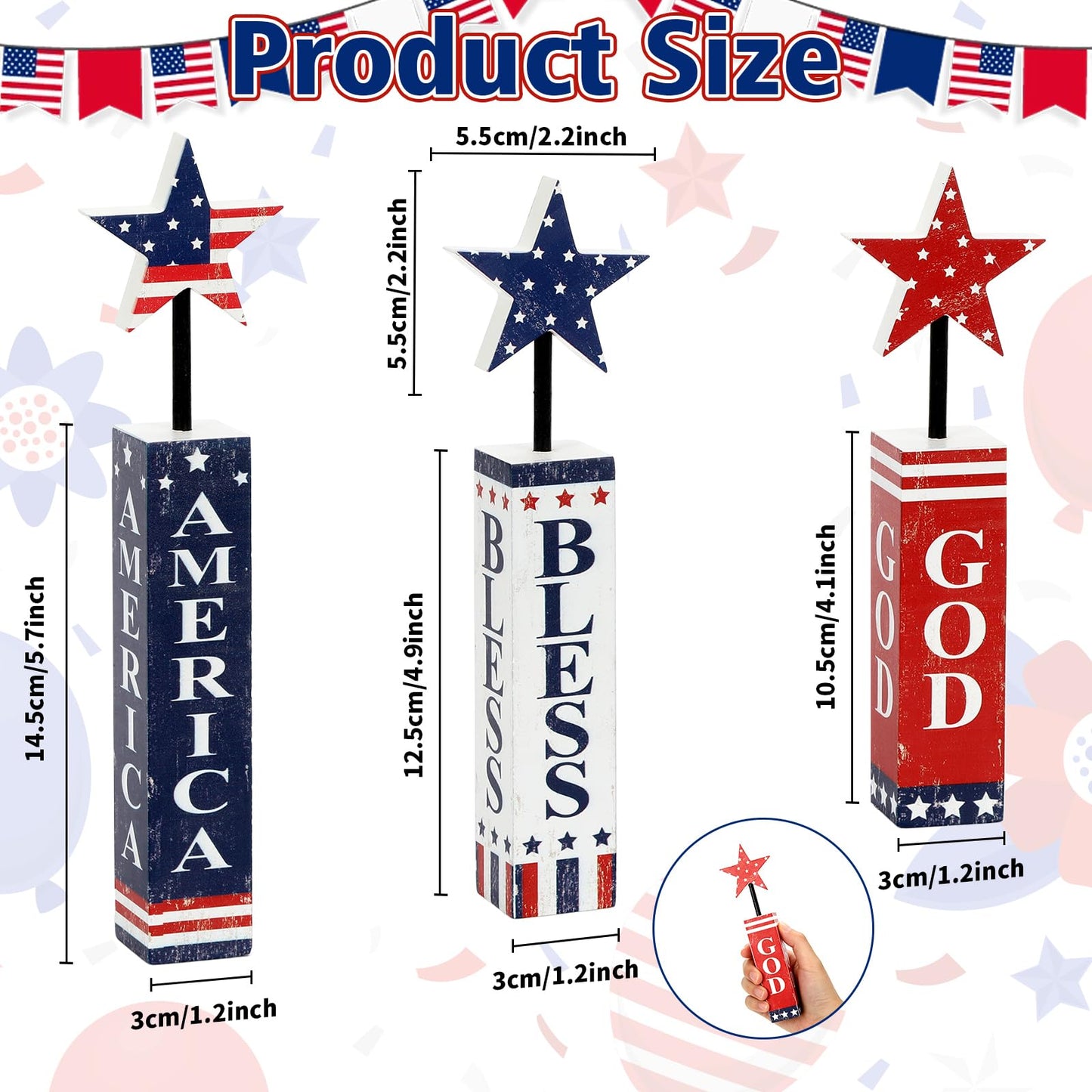 4th of July Table Decorations Wooden Patriotic Tiered Tray Decor 3 Pcs Memorial Day Decorations Red White Blue Centerpieces USA Star Wood Blocks for 250th Anniversary Independence Day Home Office