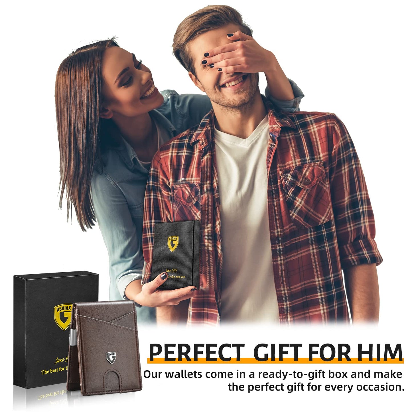 GSOIAX Slim Leather RFID Bifold Wallet for Men Minimalist Front Pocket Wallet with Money Clip,12 Card Slots,ID Window,Cool Groove Design,Includes Gift Box (Leather Brown)