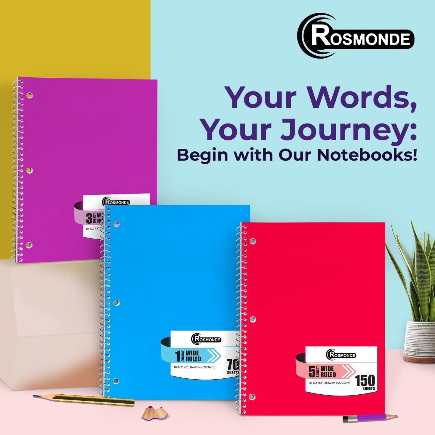 Rosmonde Spiral Notebooks, 24 Pack, 1 Subject Notebook, Wide Ruled, 70 Sheets, 8 x 10-1/2", 3 Hole Punched, School Supplies, Bulk Single Subject Spiral Notebook Bulk, Assorted Colors Pack of Notebooks