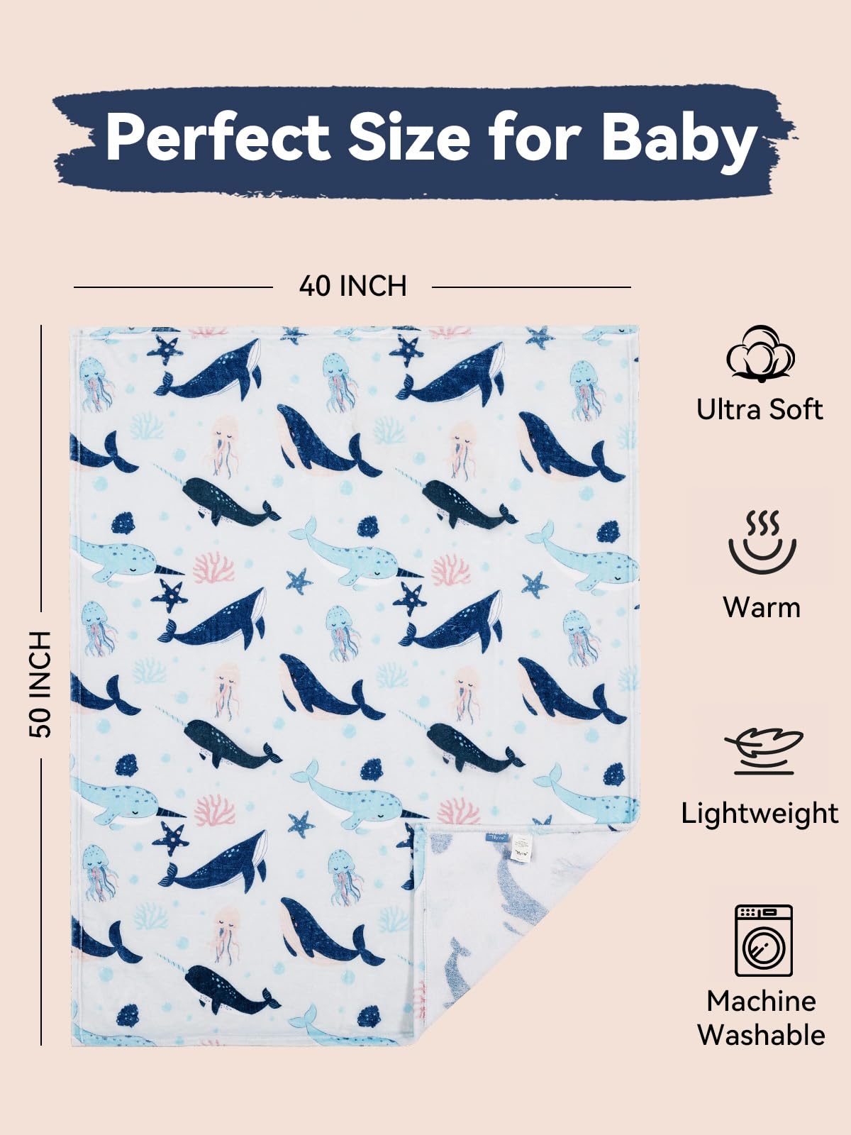 TILLYOU Baby Fleece Blanket 30x40 Inches Soft and Warm Baby Blankets for Boys and Girls Blanket for Toddler Infant Newborn, Whale