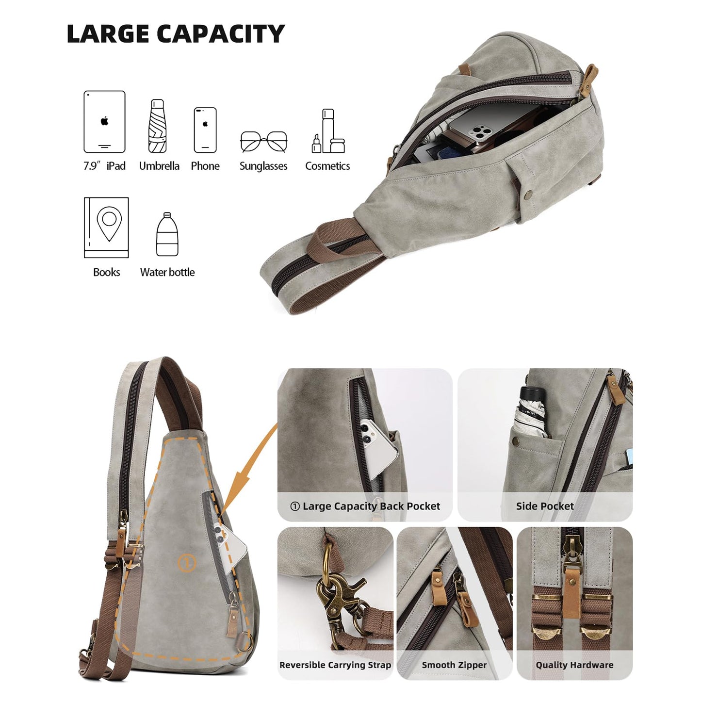 KL928 PU Leather Sling Bag - Small Crossbody Backpack Shoulder Casual Daypack Rucksack for Men Women(Leaden)