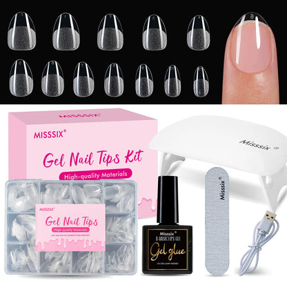 Misssix Short Almond Gel Nail Tips Kit, 216Pcs Pre Etched Clear Fake Nails, Full Cover False Nail 9-in-1 Gel Glue and Portable Mini U V Nail Lamp for Women 12 Sizes