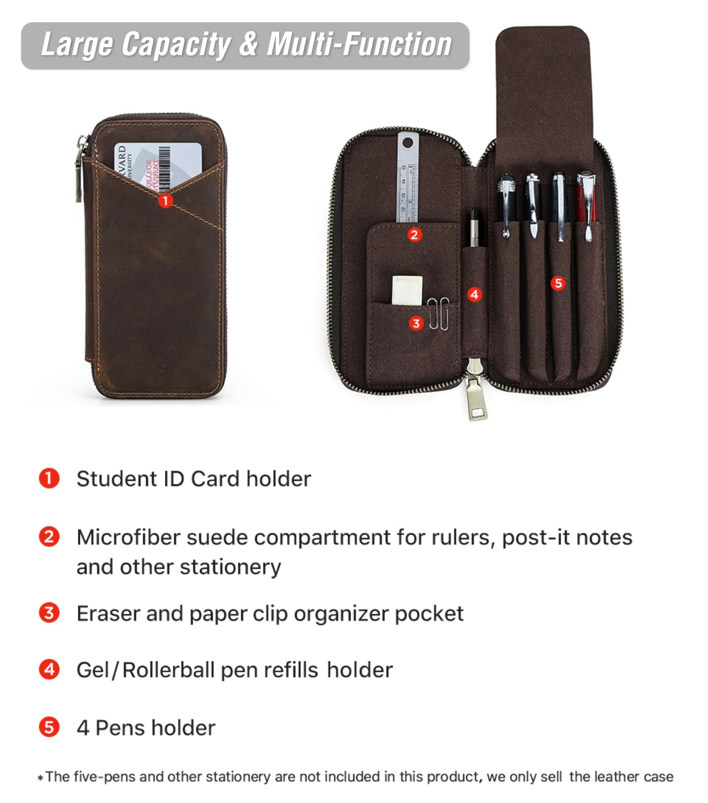 CataPurus Top Grain Genuine Leather 4 Fountain Pen/Pencil Case Pouch, Handmade Minimalist Design, Zipper Closure with Multi-Function & Slots, Gift Choice for Man/Woman/Office, Matte Coffee, 4 Slots