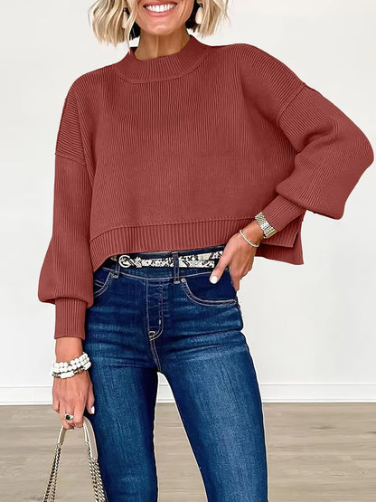 ANRABESS Womens Cropped Sweaters Oversized Crewneck Long Batwing Sleeve Side Slit Ribbed Knit Pullover Tops 2025 Fall Clothes