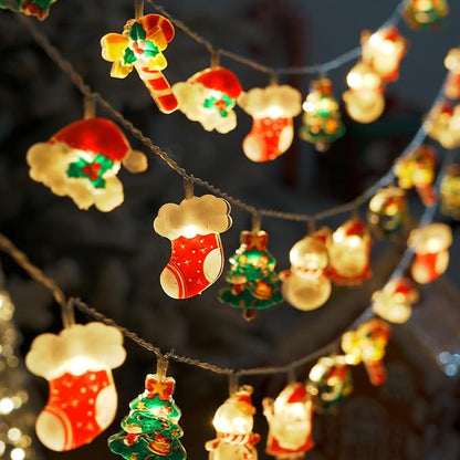 LOLStar Christmas Fairy String Lights, 20 LED Xmas Warm White Lights Hanging Decors with Santa Claus Wreath Tree Snowman Candy Cane Hat Stockings Battery Operated Indoor Window Lights for Party Home