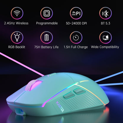 FFJ Wireless Gaming Mouse, 24000 DPI, Tri-Mode 2.4G/USB-C/Bluetooth 5.3 Gaming Mouse Wireless, RGB Programmable Mouse Gamer, 75Hrs Battery Life, Rechargeable Gaming Mice for PC, Mac, PS5, Xbox - Black