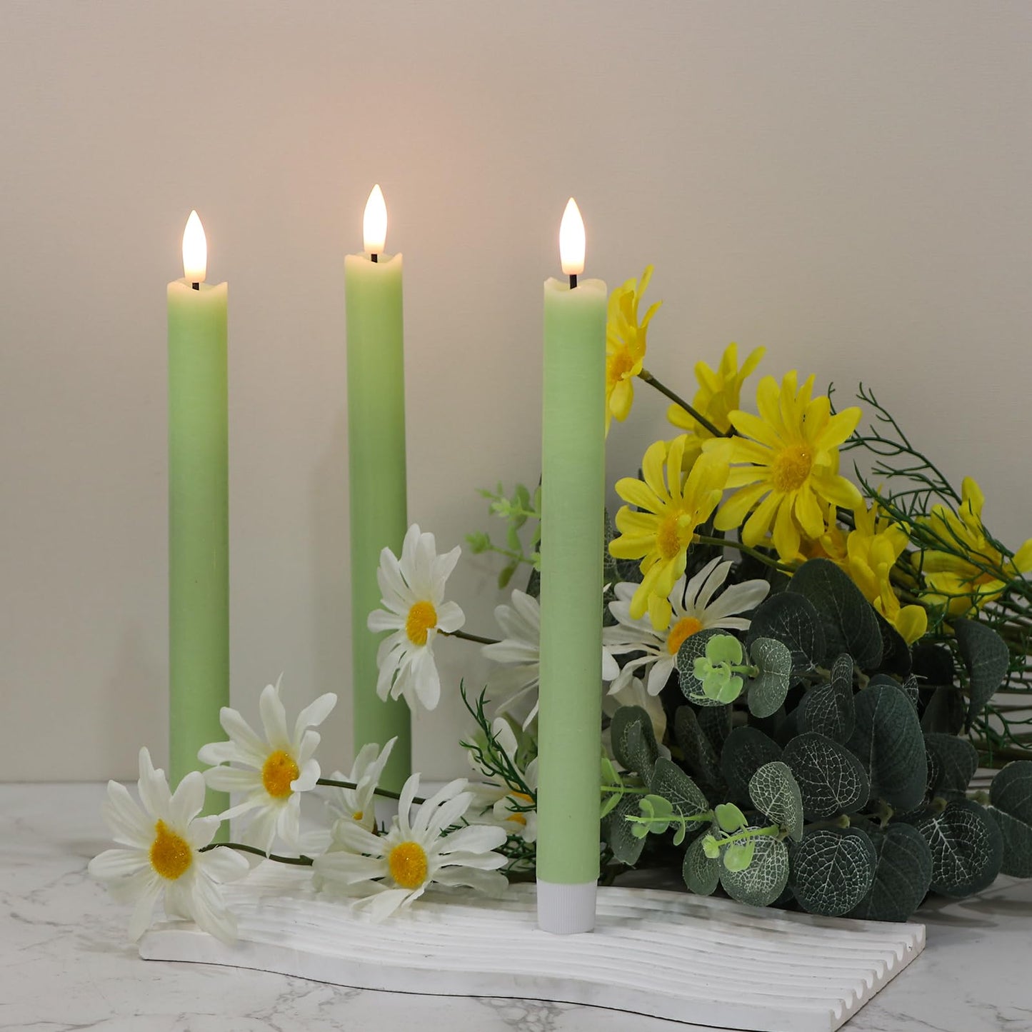 GenSwin Flameless Green Taper Candles Flickering with 10-Key Remote, Battery Operated Led Warm 3D Wick Light Window Candles Real Wax Pack of 6, Christmas Home Wedding Decor(0.78 X 9.64 Inch)