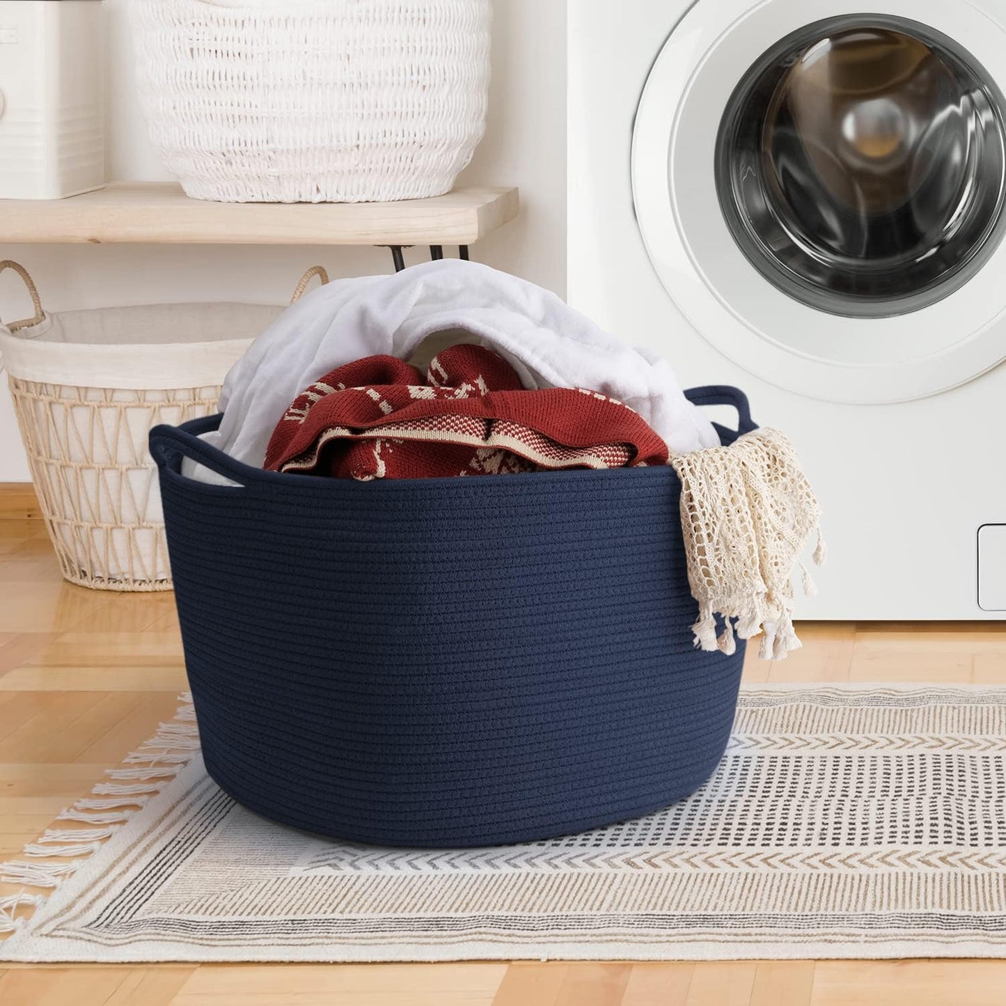 Extra Large Blanket Basket, Maliton Cotton Rope Bin for Toys, Woven Laundry Hamper with Handles, Decorative Storage for Living Room, Bedroom, Kids Room, Bathroom, 22" x 22" x 14", Blue