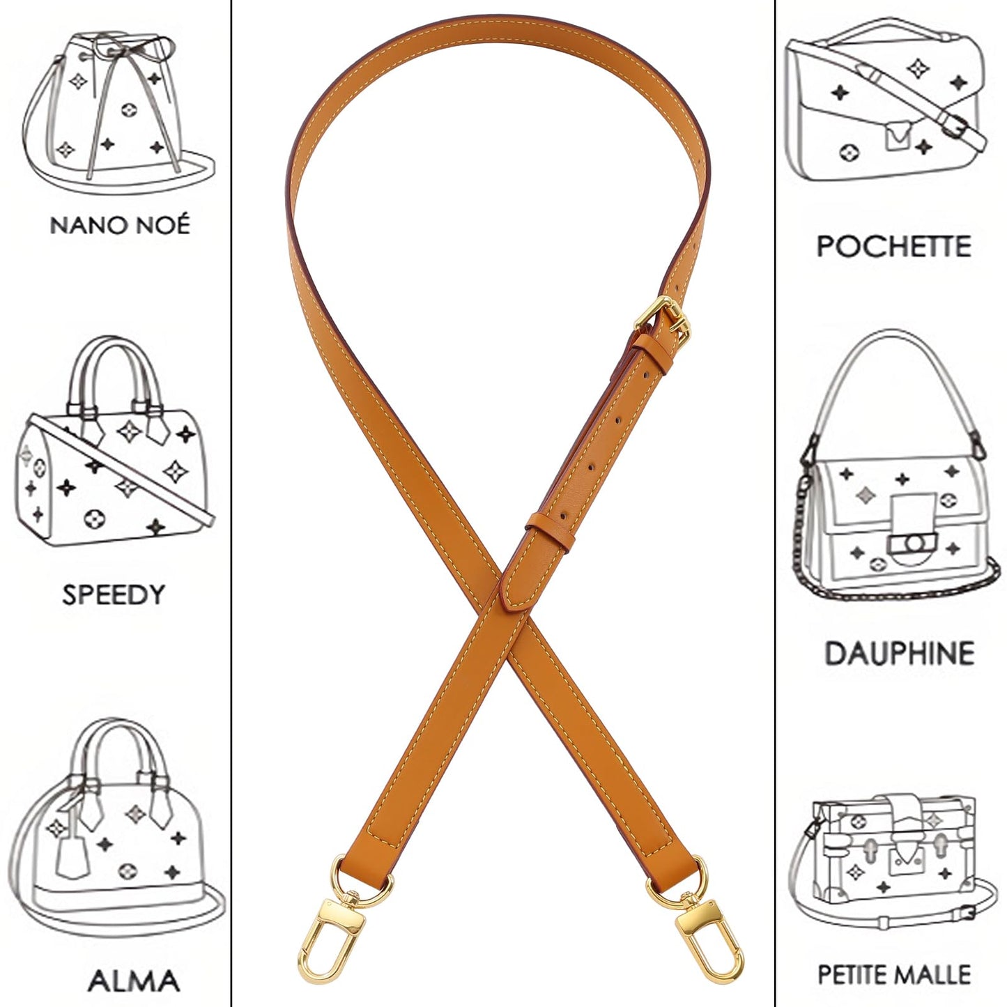 BMBMLV Vachetta Genuine Leather Adjustable Genuine Leather Crossbody Straps Replacement (Honey brown)