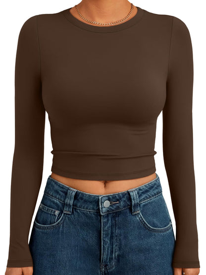 Trendy Queen Womens Long Sleeve Crop Tops Basic Slim Fitted Shirts Fashion 2025 Going Out Y2k Tops Teen Girl Clothes