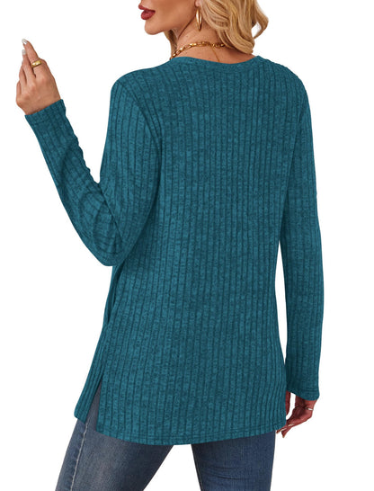 SAMPEEL Womens Sweaters Crewneck Long Sleeve Shirts with Pockets Fall Outfits 2025 Fashion Winter Clothing Side Slit