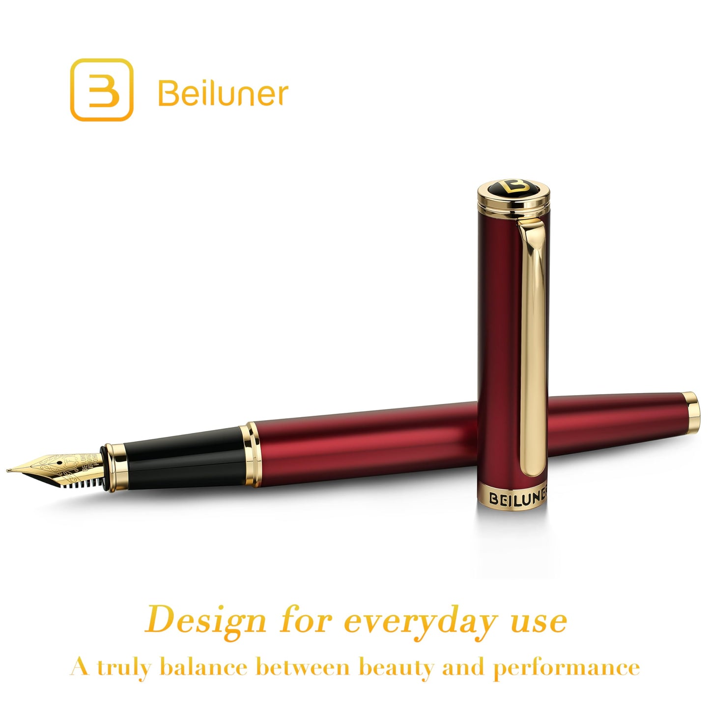 BEILUNER Red Fountain Pen,Stunning Luxury Pens with 24K Gold Finish, Gorgeous 24K Gilded Nib(Fine), Trustworthy Pen Gift for Men&Women -Ink Converter-Elegant,Graduation,Office,Nice Pen for Writing