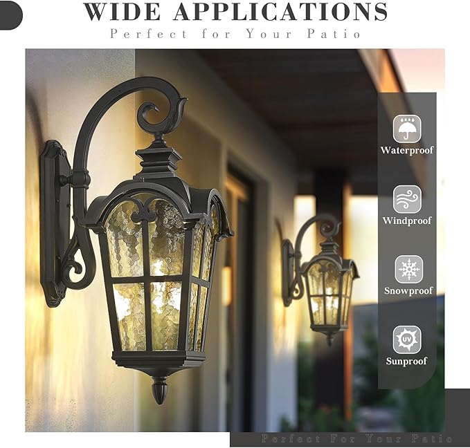 Emliviar 28.7 Inch Farmhouse Wall Light, Large Exterior Wall Sconce for Porch Patio, Water Grain Glass in Black Finish, WE215BL BK