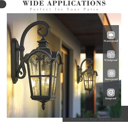 Emliviar 28.7 Inch Farmhouse Wall Light, Large Exterior Wall Sconce for Porch Patio, Water Grain Glass in Black Finish, WE215BL BK